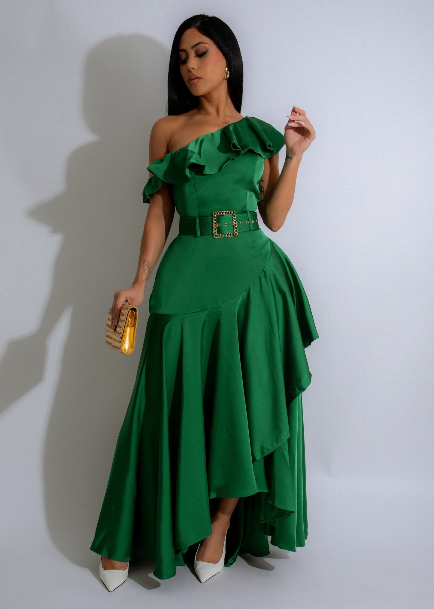 Emerald Rhapsody Satin Maxi Dress Green