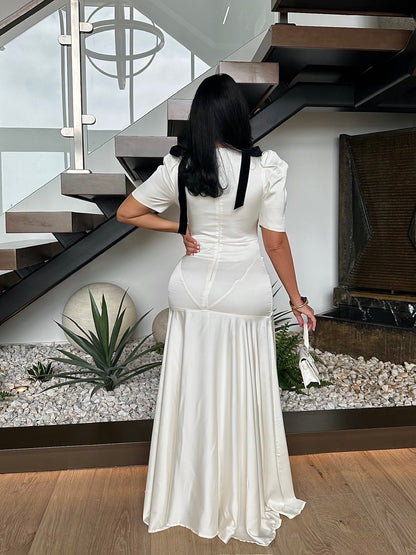 Ribbon Elegance Satin Maxi Dress White