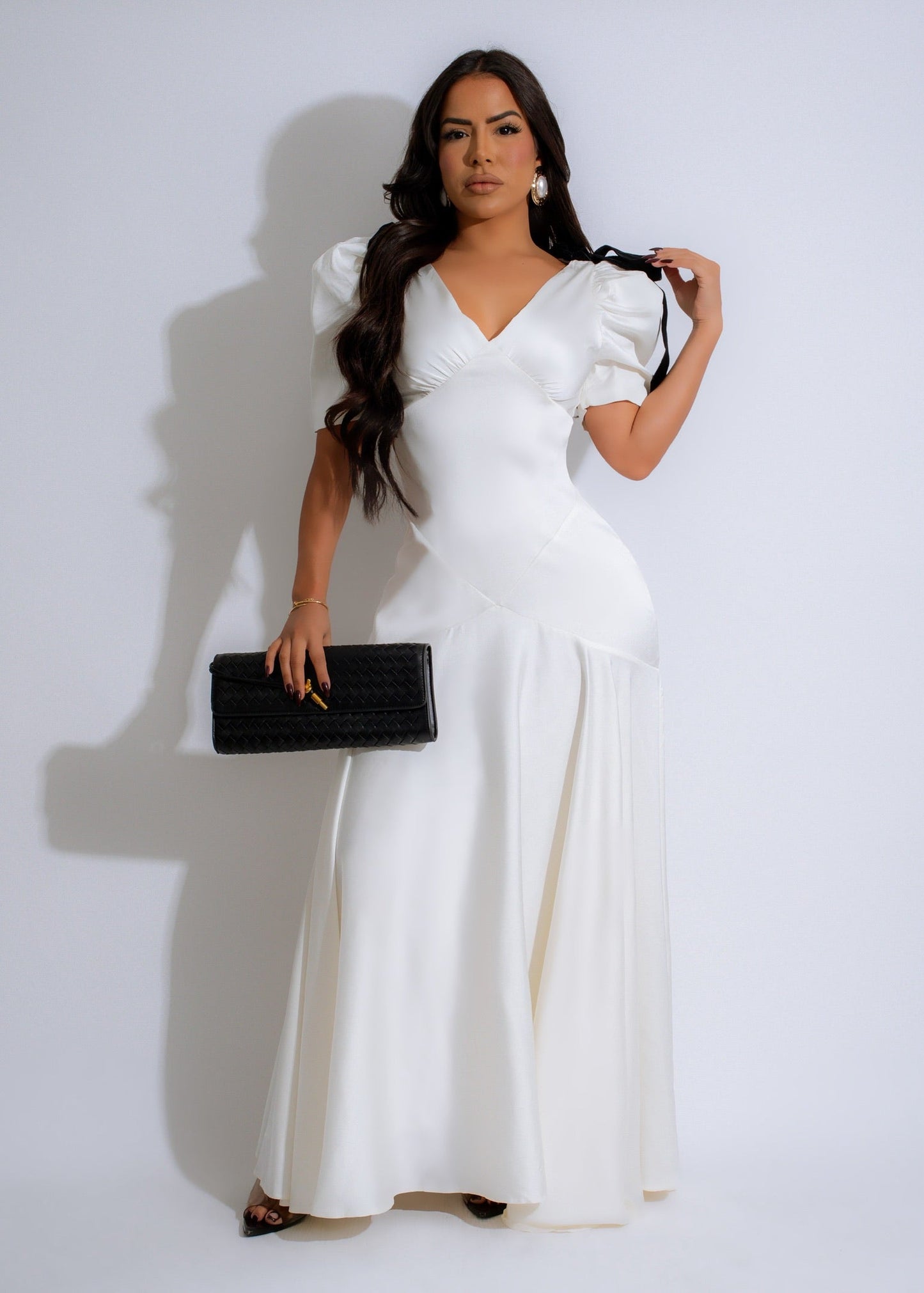 Ribbon Elegance Satin Maxi Dress White