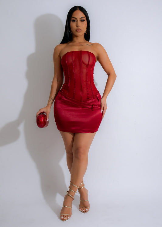 Midnight Veil Corset Satin Mini Dress Red