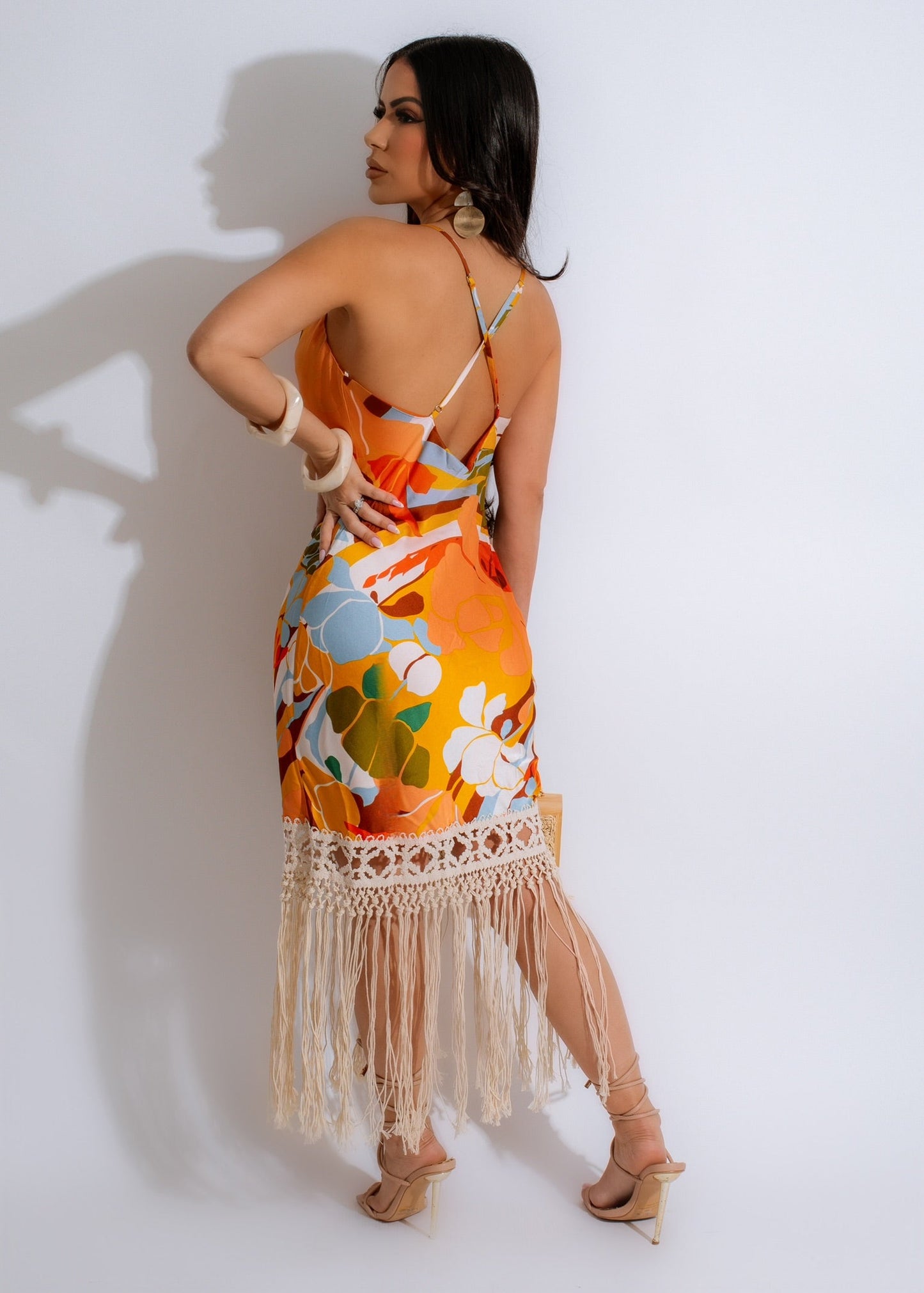 Tulum Crochet Fringe Silk Midi Dress Orange