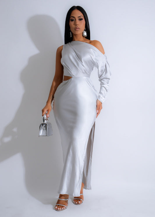 Glacier Grace Satin Maxi Dress Silver